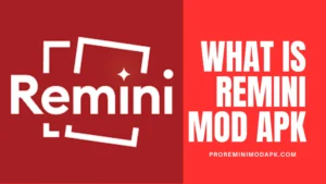 What is Remini Mod APK logo with text proreminimodapk.com' on a red background